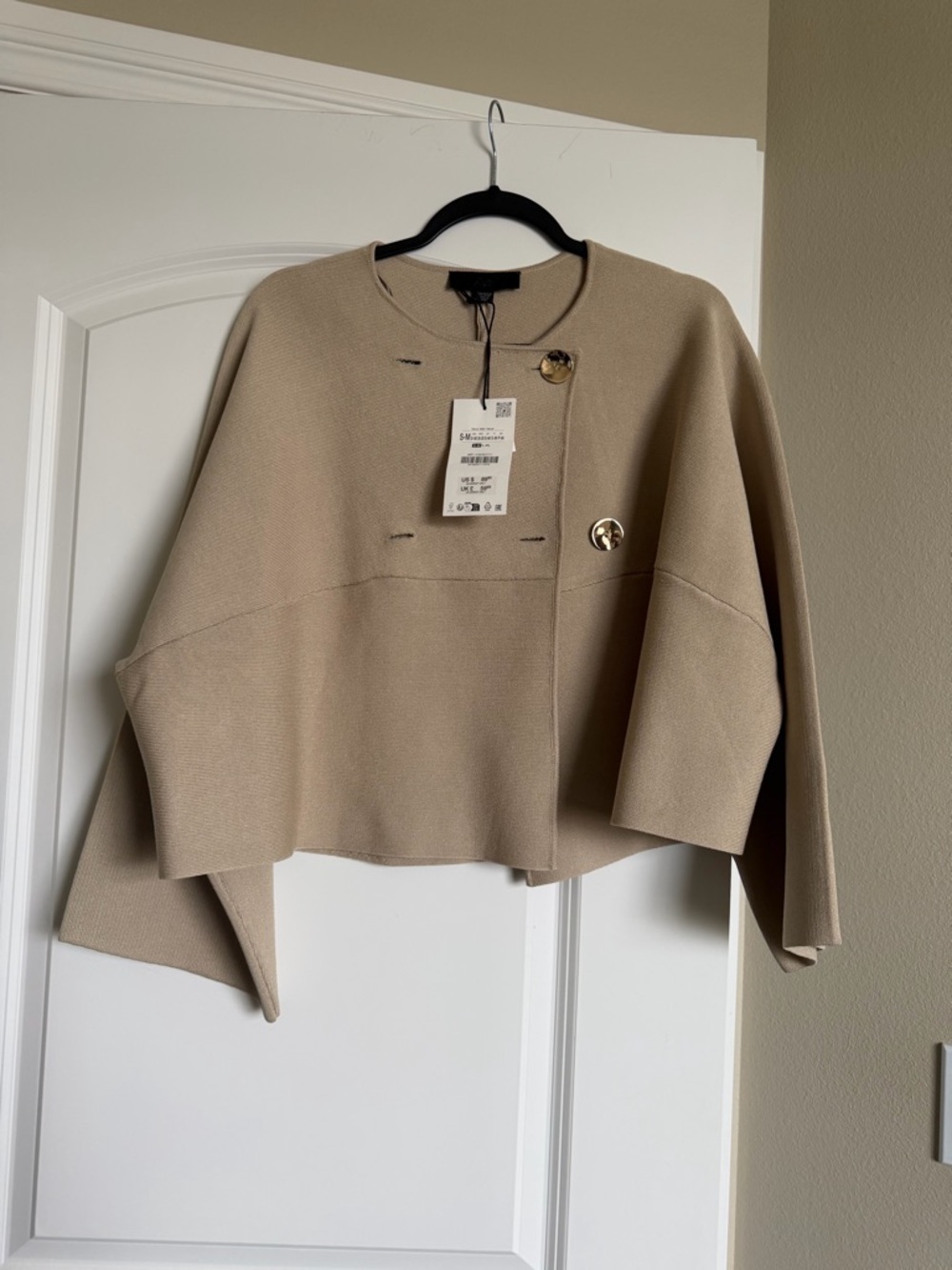 Zara Beige Cropped Open-Front Jacket with Button Detail